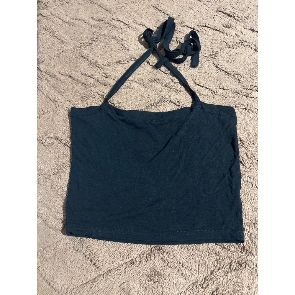 Black Halter Neck Crop Top Sleeveless Tie Back Minimalist Basic Size L